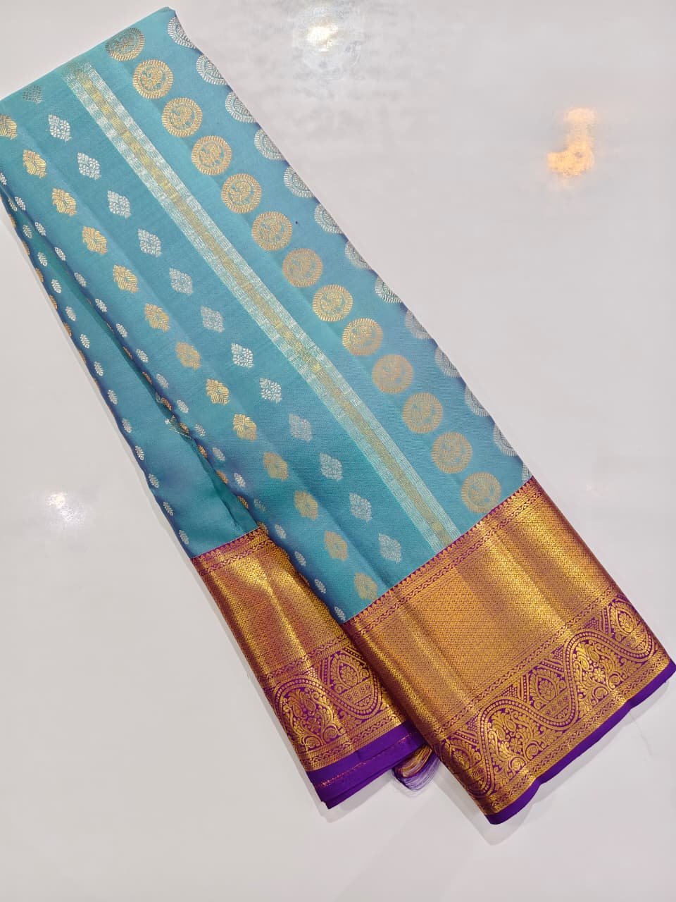 Sky Blue  Kanchipuram Pure Silk Silver Saree